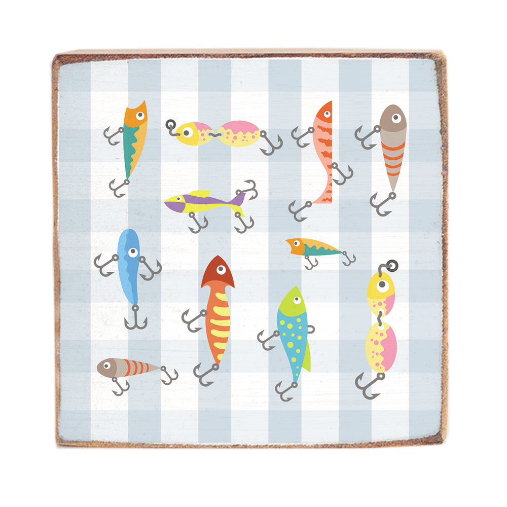 Blue Gingham Fishing Lures Square Block Sign
