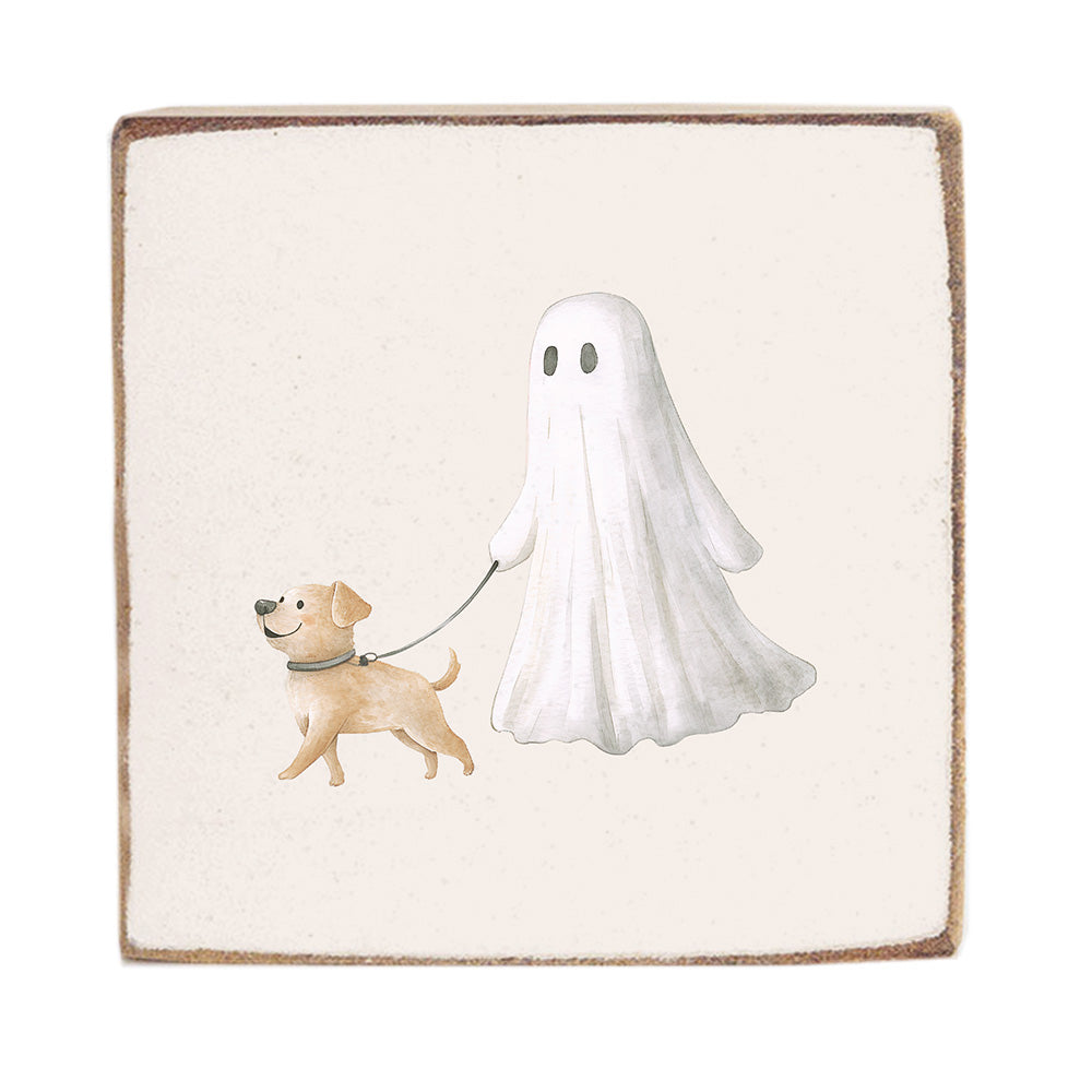 White Ghost With Dog Square Block Sign