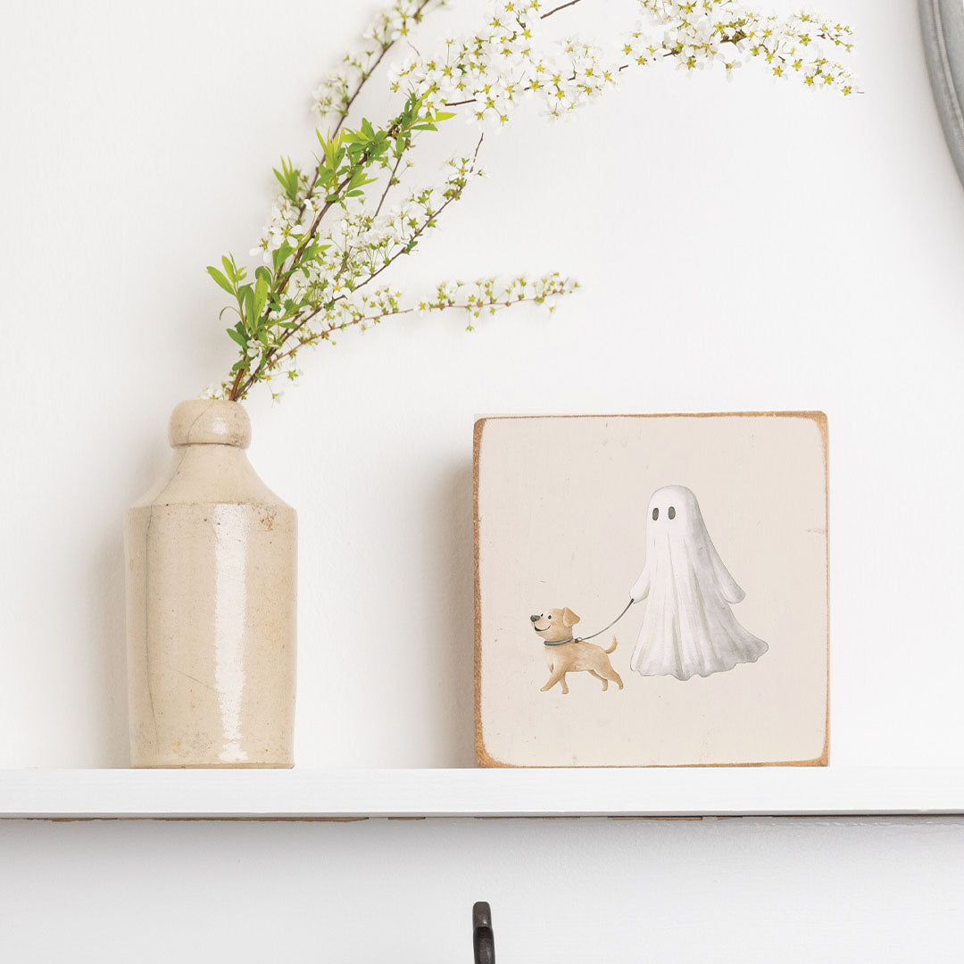 White Ghost With Dog Square Block Sign
