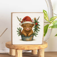Christmas Highland Cow Square Block Sign