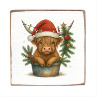 Christmas Highland Cow Square Block Sign