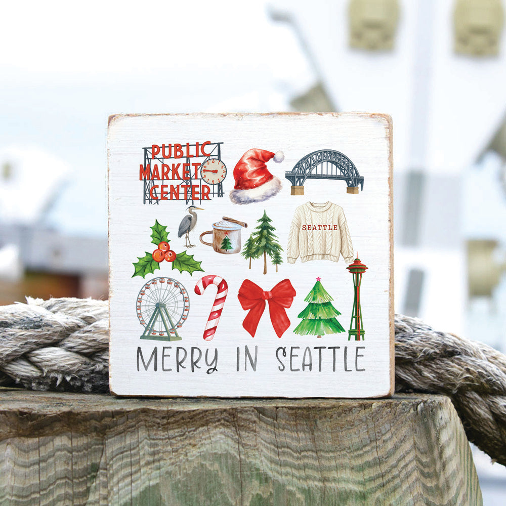 Merry In Seattle Icons Block Sign
