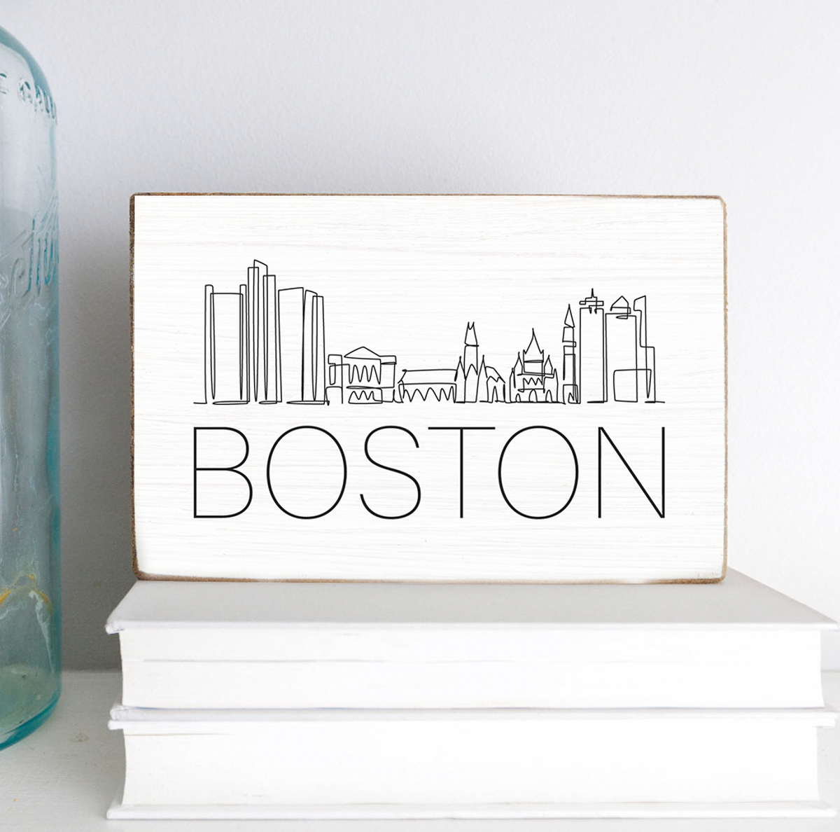 Line Art Boston Skyline Decorative Wooden Block