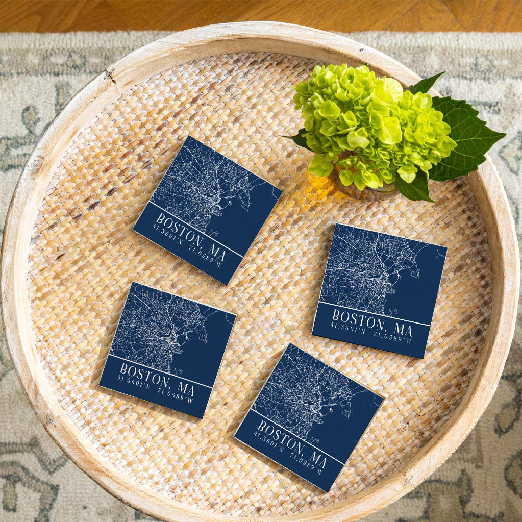 Navy Blue Boston City Grid Coordinates Coaster Set