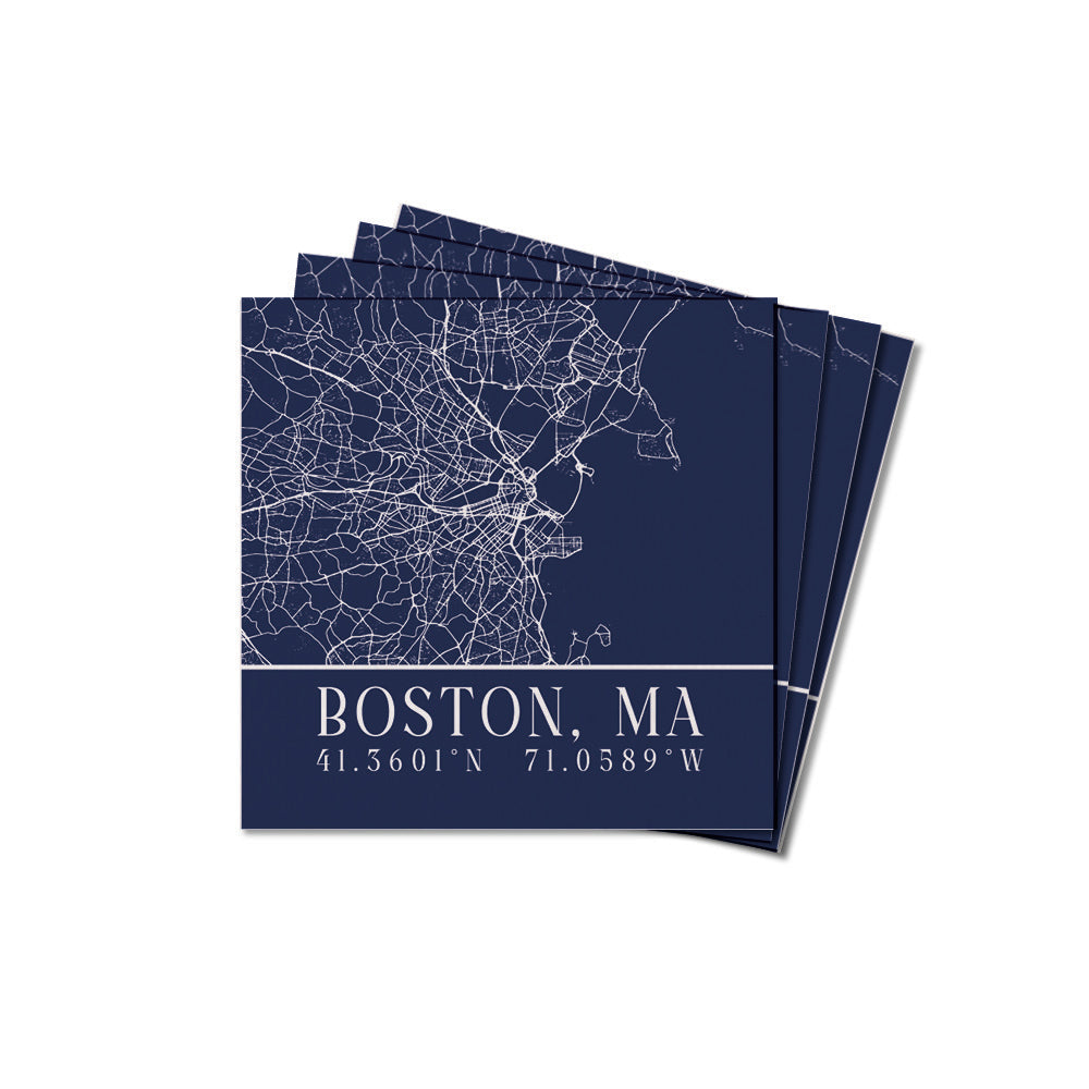 Navy Blue Boston City Grid Coordinates Coaster Set