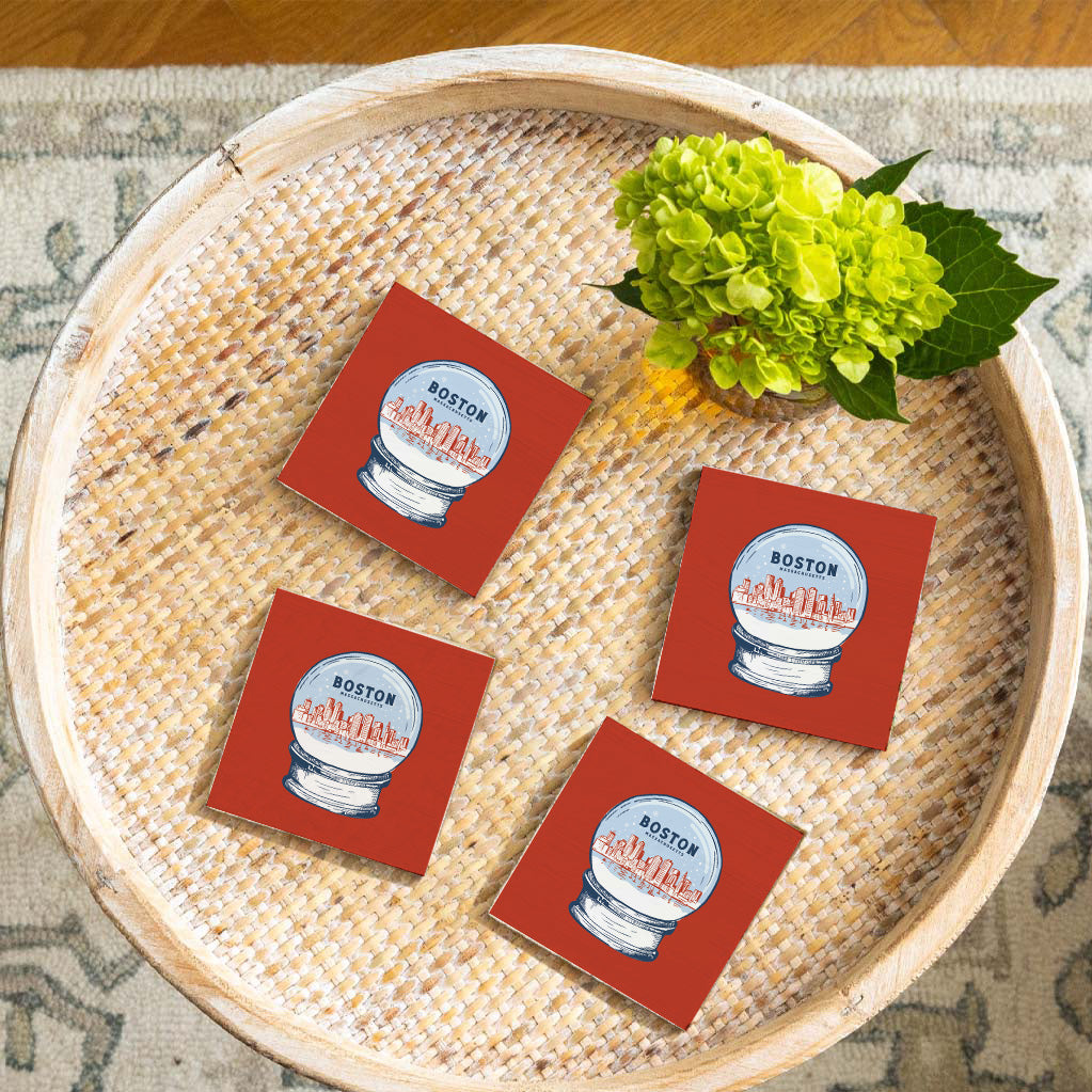 Red White and Blue Boston Snowglobe Coaster Set