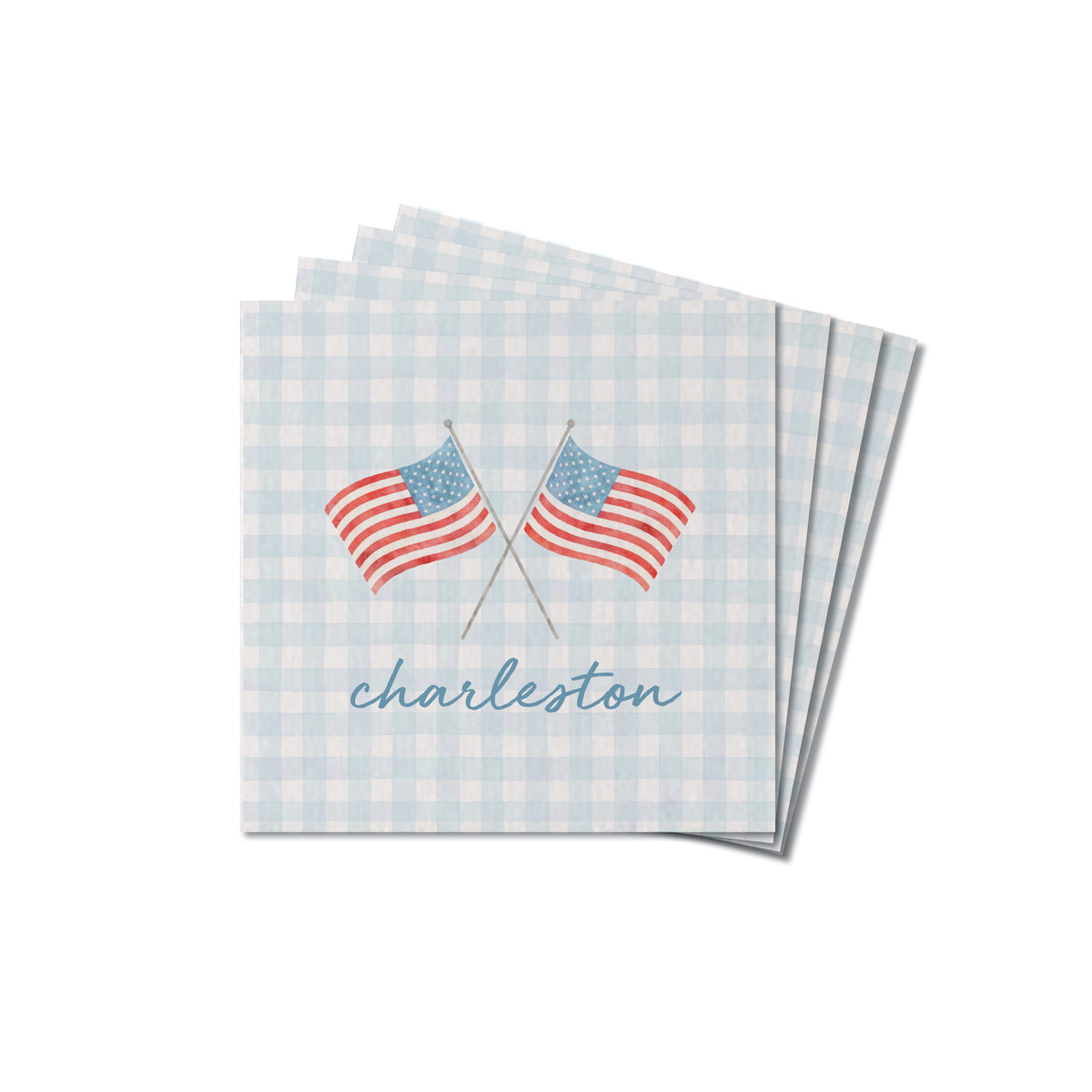 American Flags Crossed Gingham Personalized Coaster Set