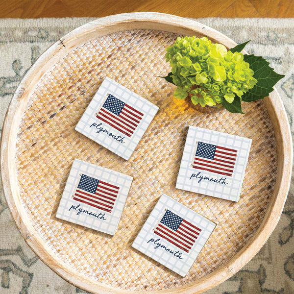 American Flag Blue Plaid Personalized Coaster Set