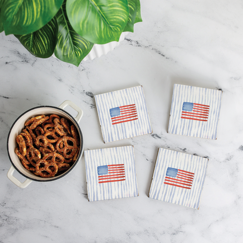 Watercolor American Flag Rustic Marlin Coaster Set