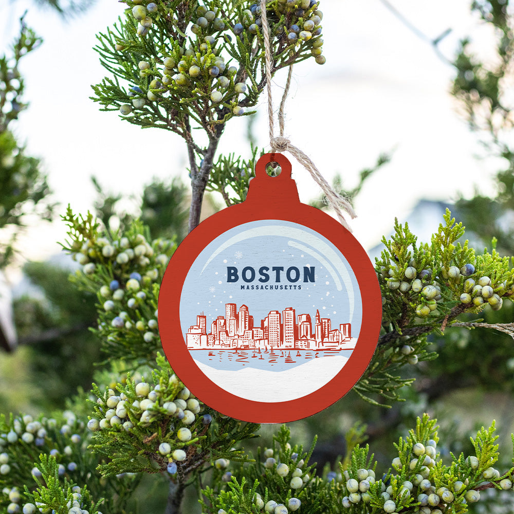 Red White and Blue Boston Snowglobe Bulb Ornament