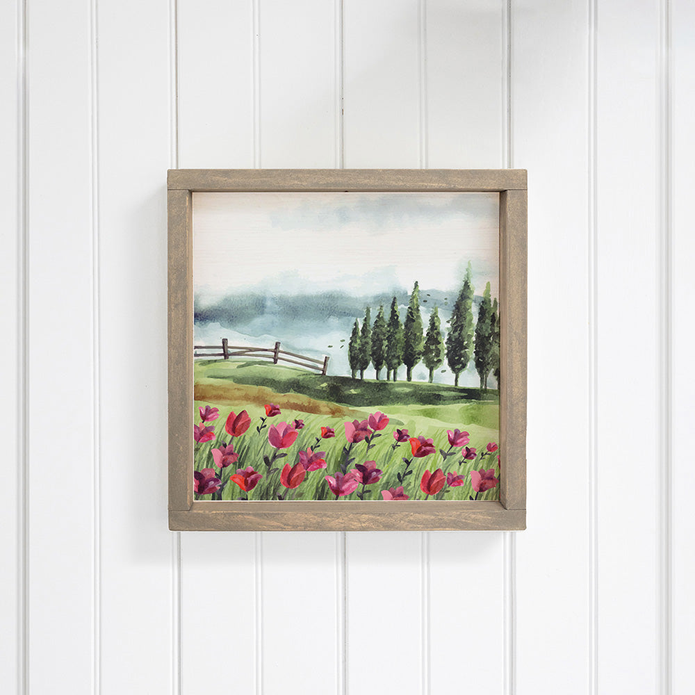 Natural Hill Side With Tulip Flower Wooden Wall Art 24" x 24"