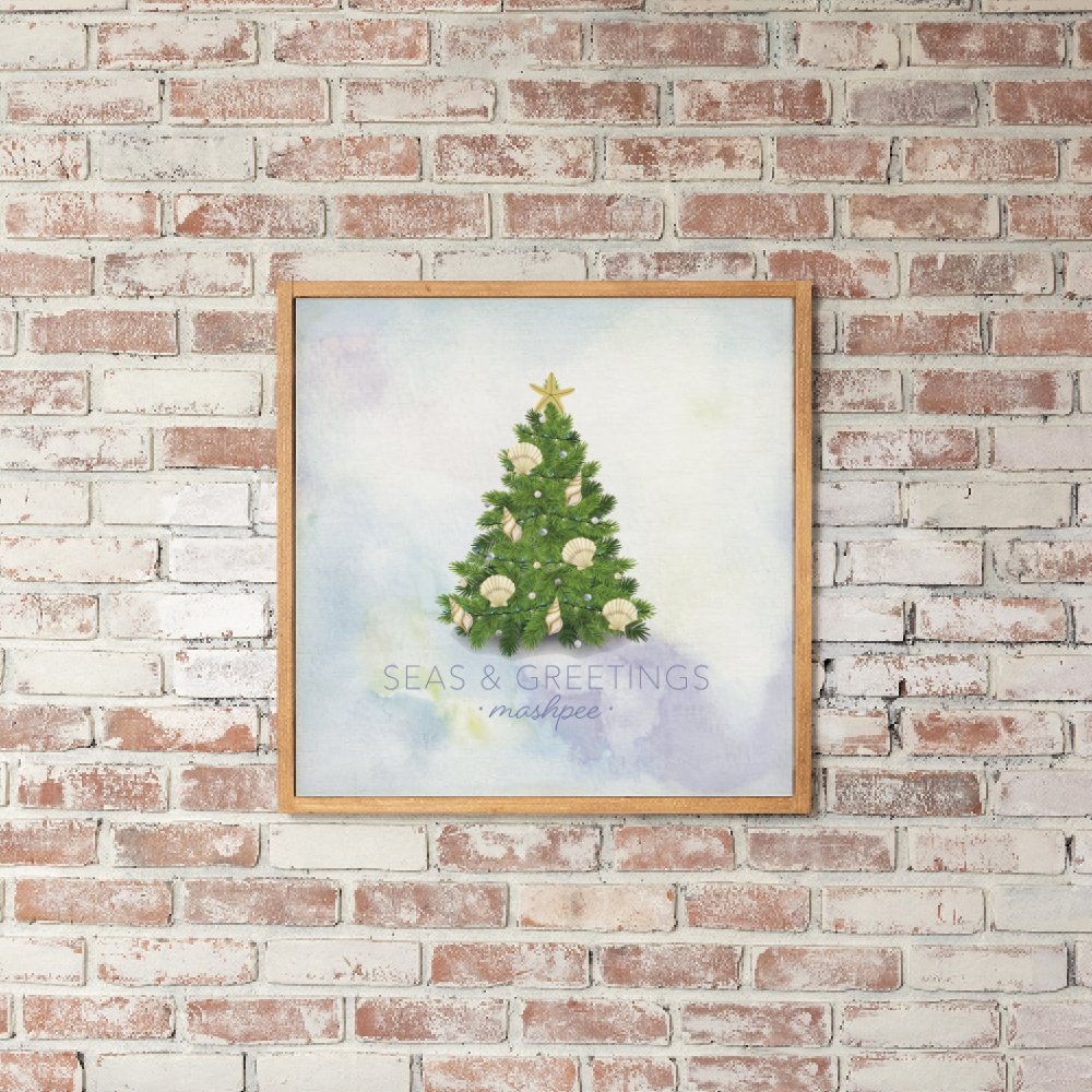 Personalized Coastal Christmas Evergreen Tree Square Twine Hanging Sign Wall Art