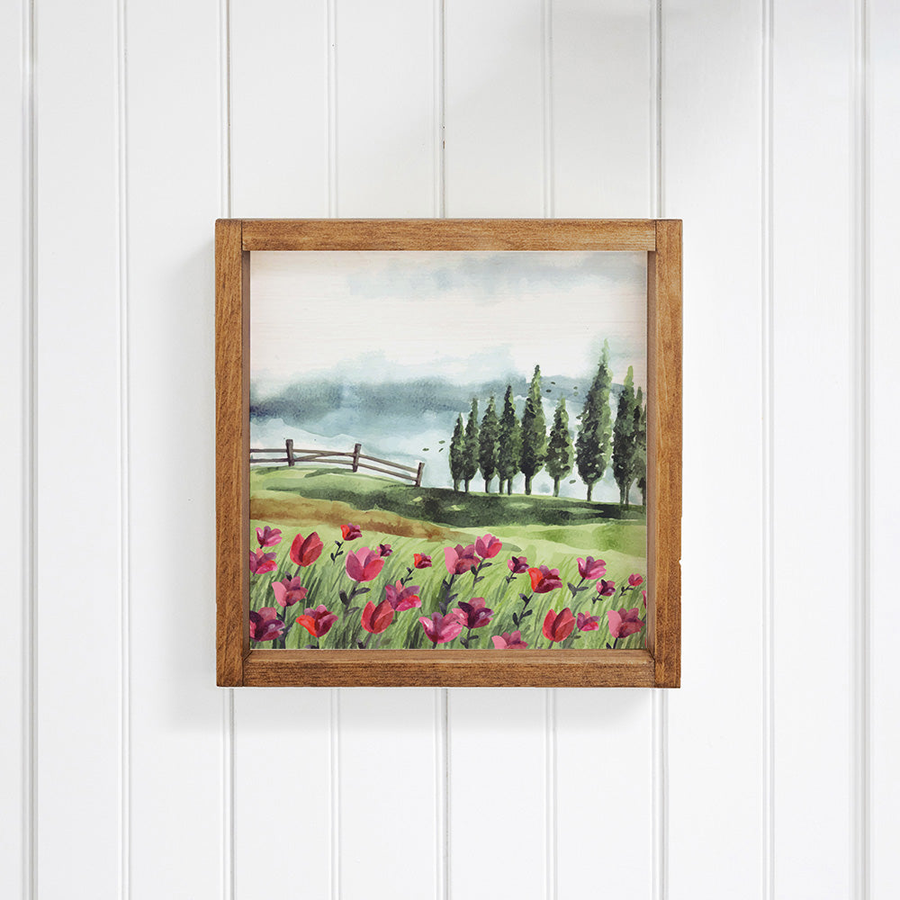 Natural Hill Side With Tulip Flower Wooden Wall Art 24" x 24"