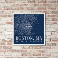 Navy Blue Boston City Grid Coordinates Wall Art