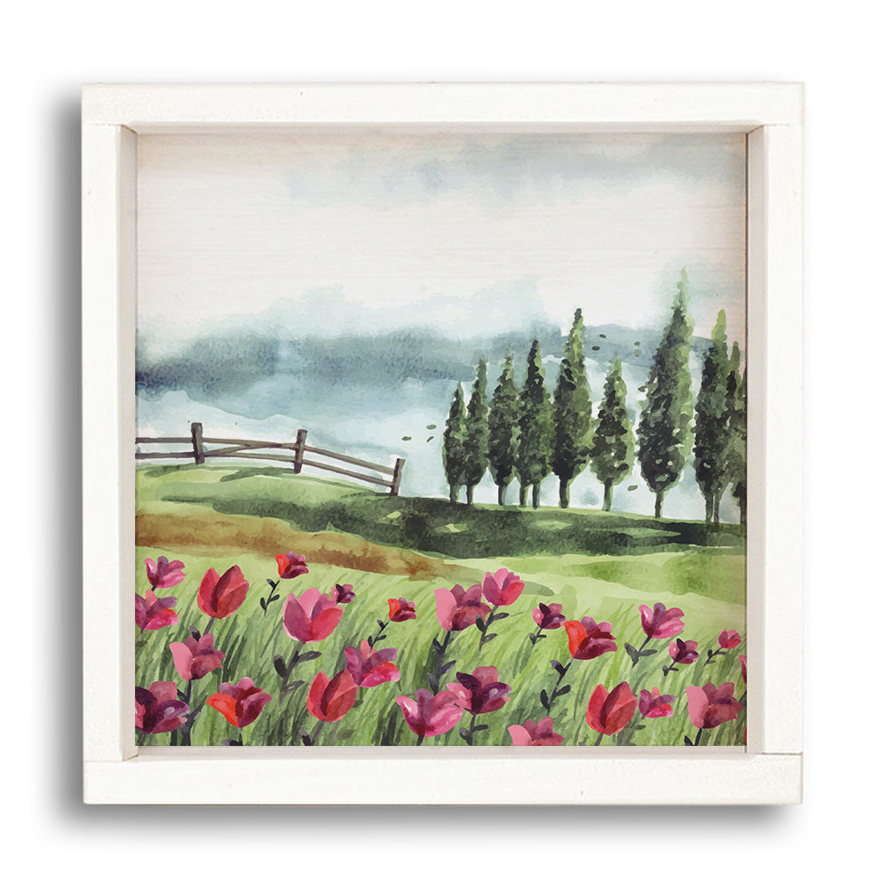 Natural Hill Side With Tulip Flower Wooden Wall Art 24" x 24"