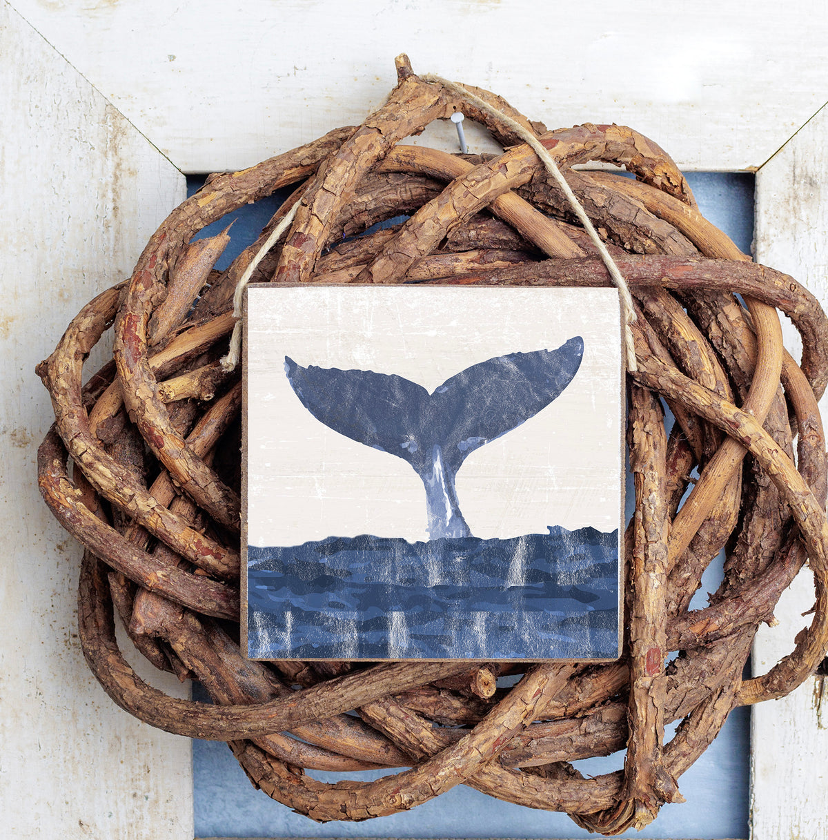 Indigo Whale Tail Square Twine Sign