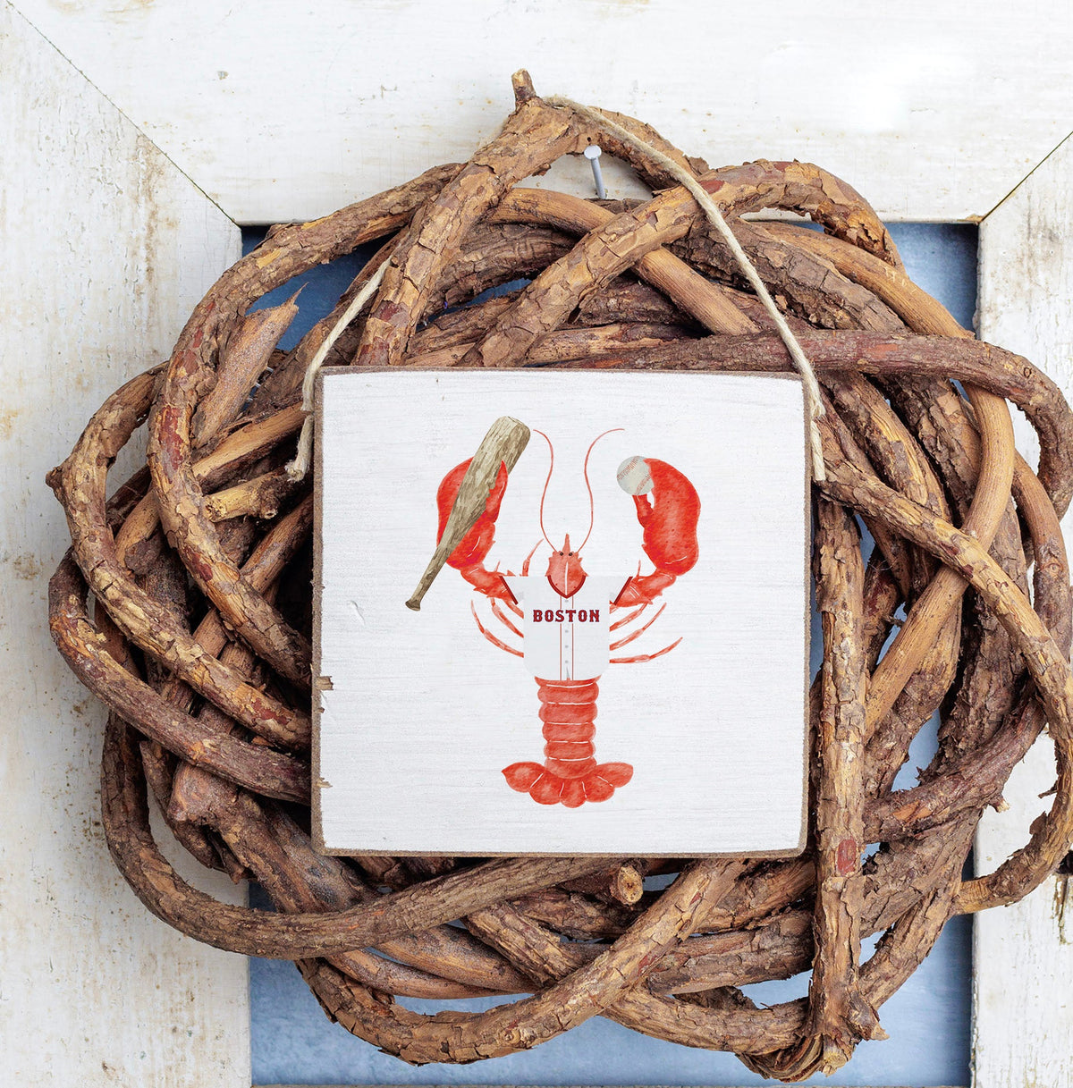 Red and Blue Boston Lobster Square Twine Hanging Sign