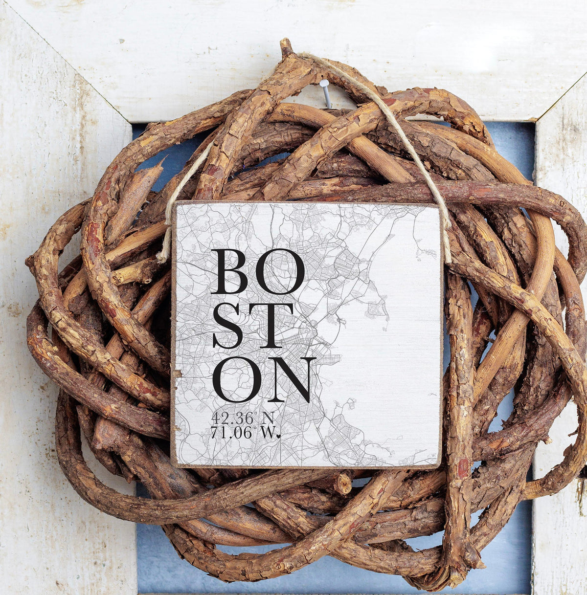 Black and White Boston City  Square Twine Hanging Sign