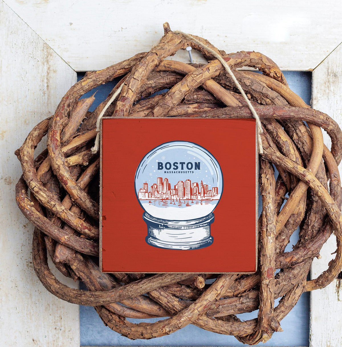 Red White and Blue Boston  Square Twine Hanging Sign