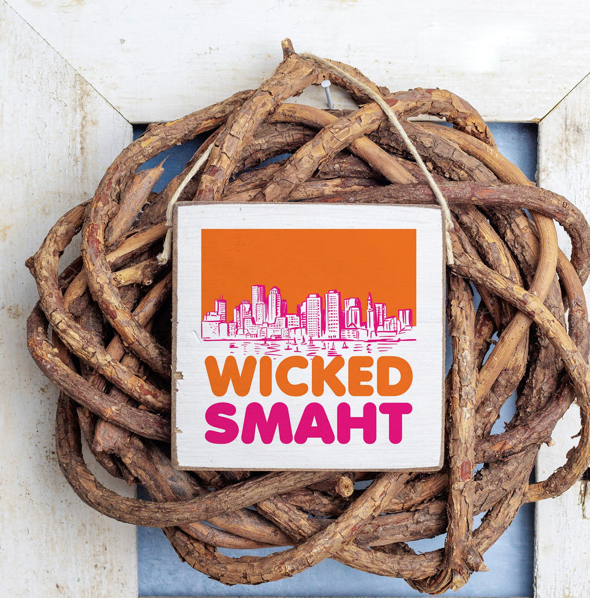 Wicked Smart Boston Orange and Pink Square Twine Hanging Sign