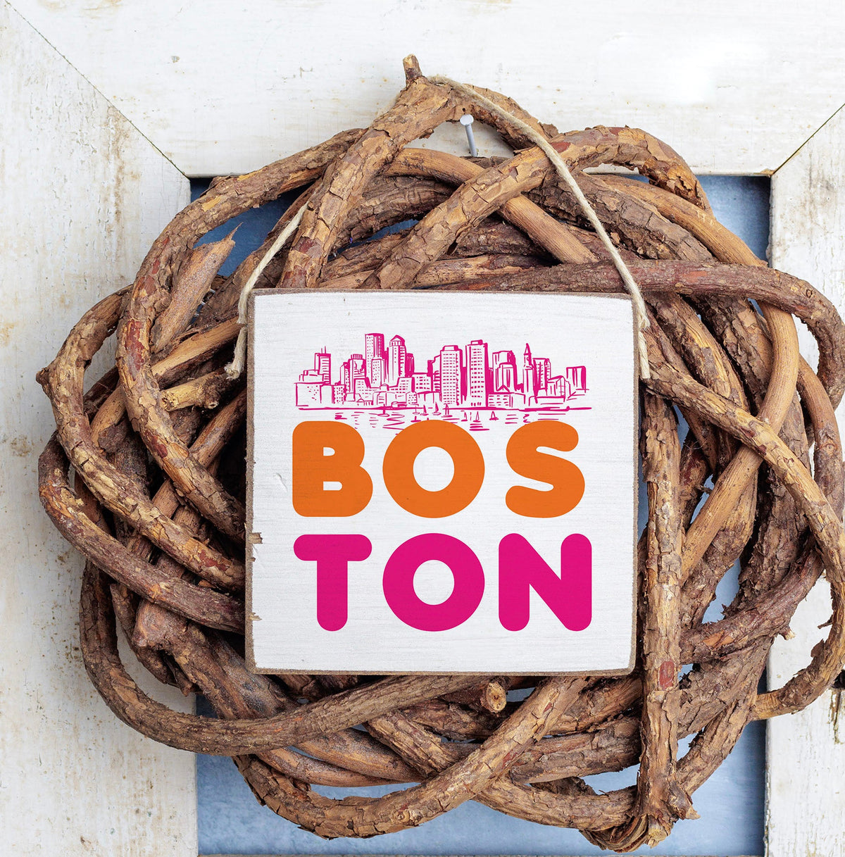 Orange and Pink Boston Skyline Square Twine Hanging Sign