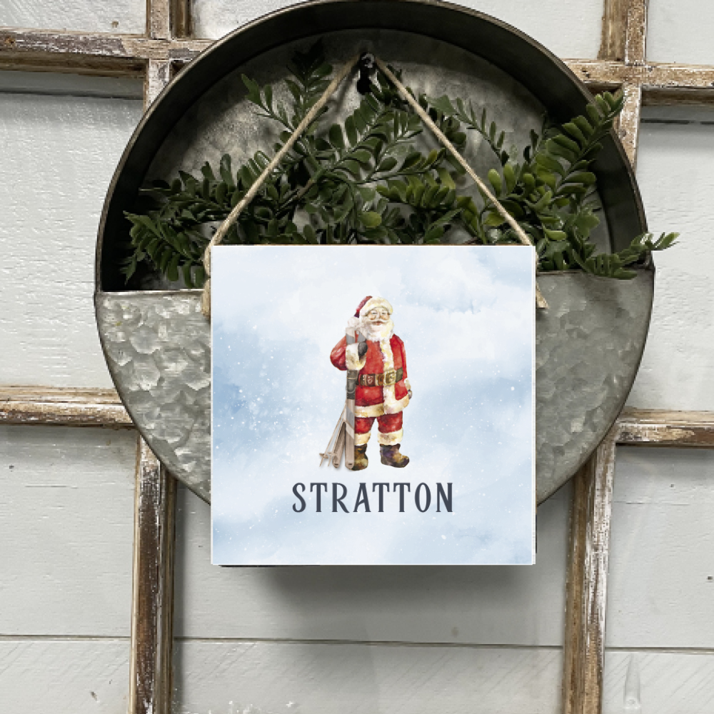 Personalized Vintage Ski Santa Square Twine Hanging Sign