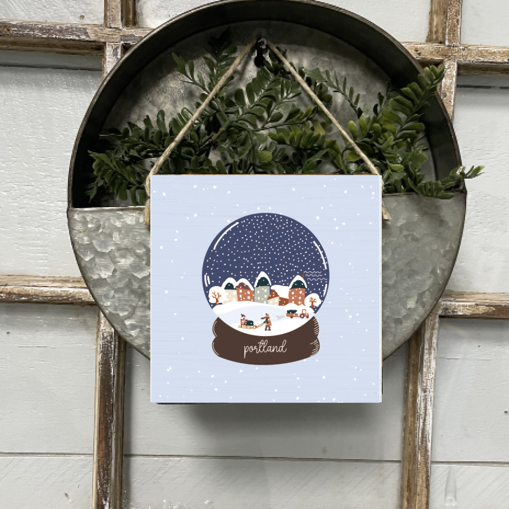 Personalized Vintage Snow Globe Village Square Twine Hanging Sign