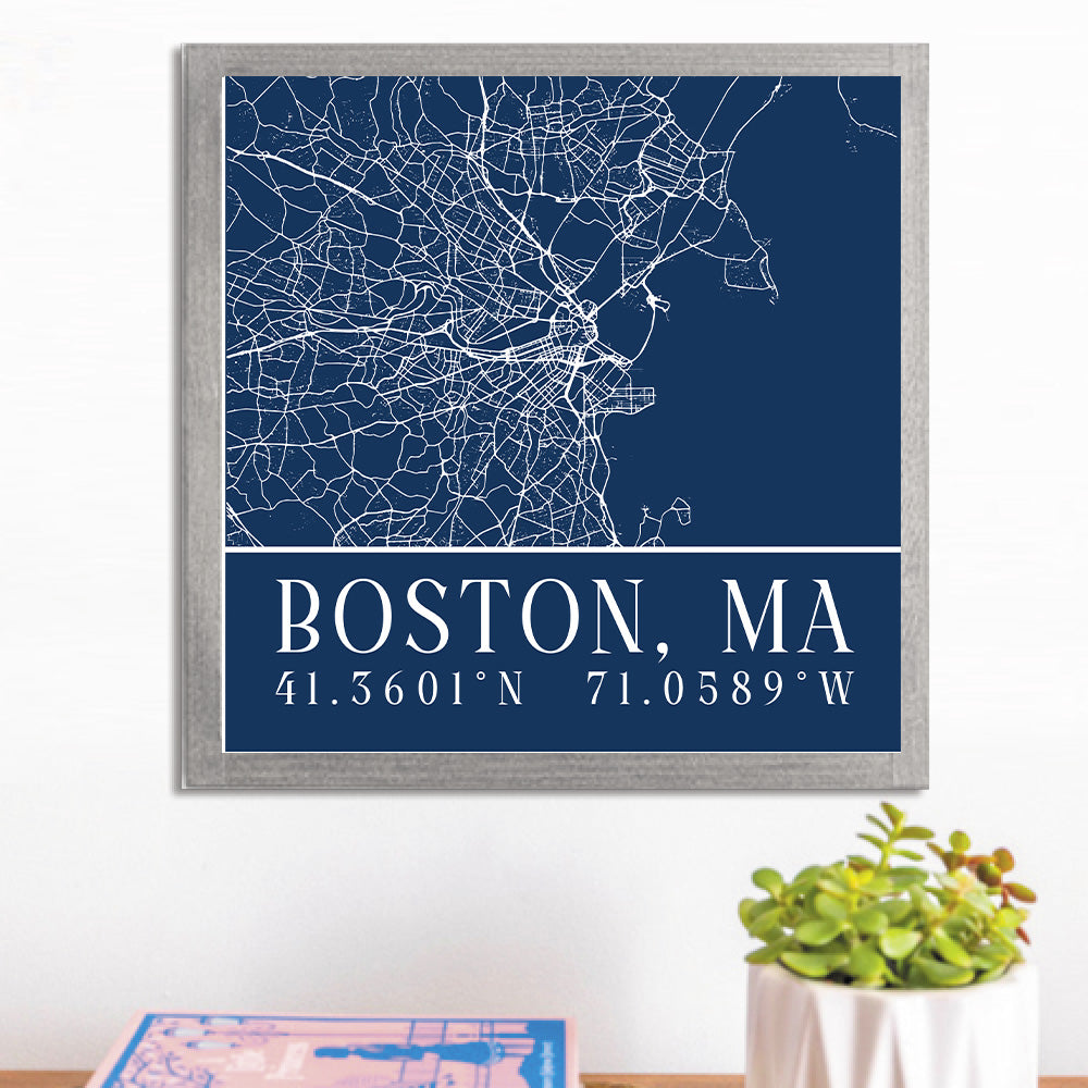 Navy Blue Boston City Grid Coordinates Wall Art