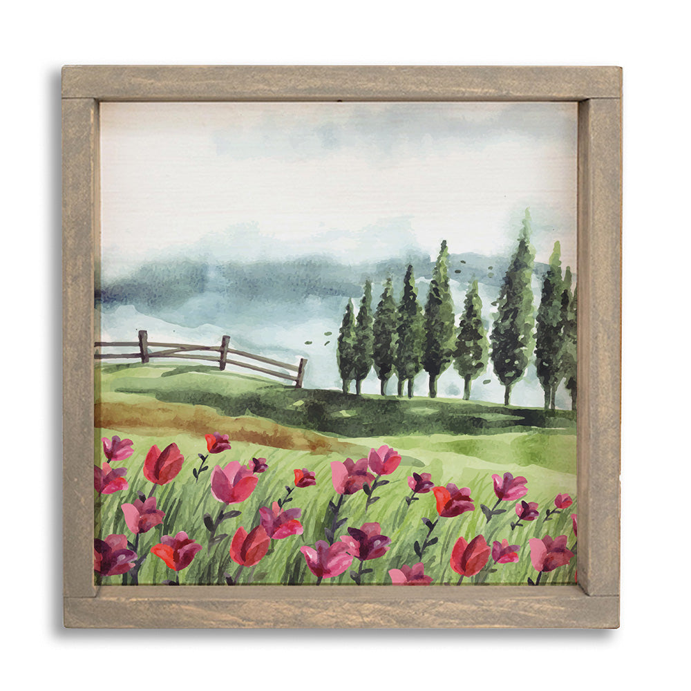 Natural Hill Side With Tulip Flower Wooden Wall Art