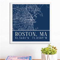 Navy Blue Boston City Grid Coordinates Wall Art