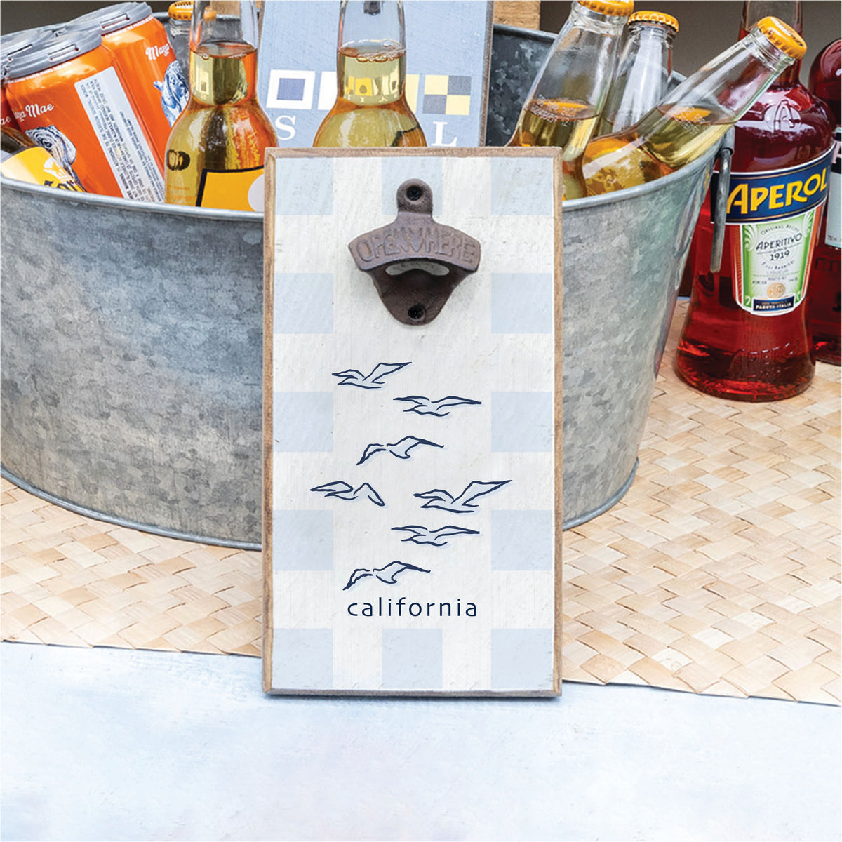 Blue Check Birds Personalized Bottle Opener