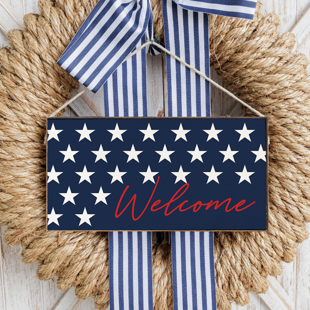 Red, White and Navy Star Welcome Twine Hanging Sign