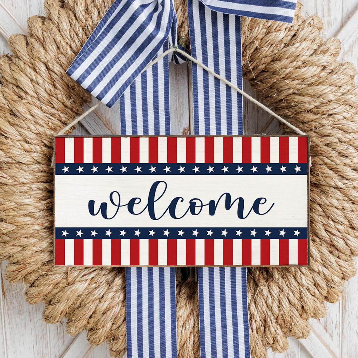 Star Spangled Welcome Twine Hanging Sign