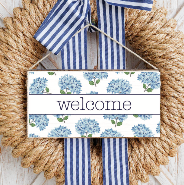 Welcome Hydrangea Stems Twine Hanging Sign