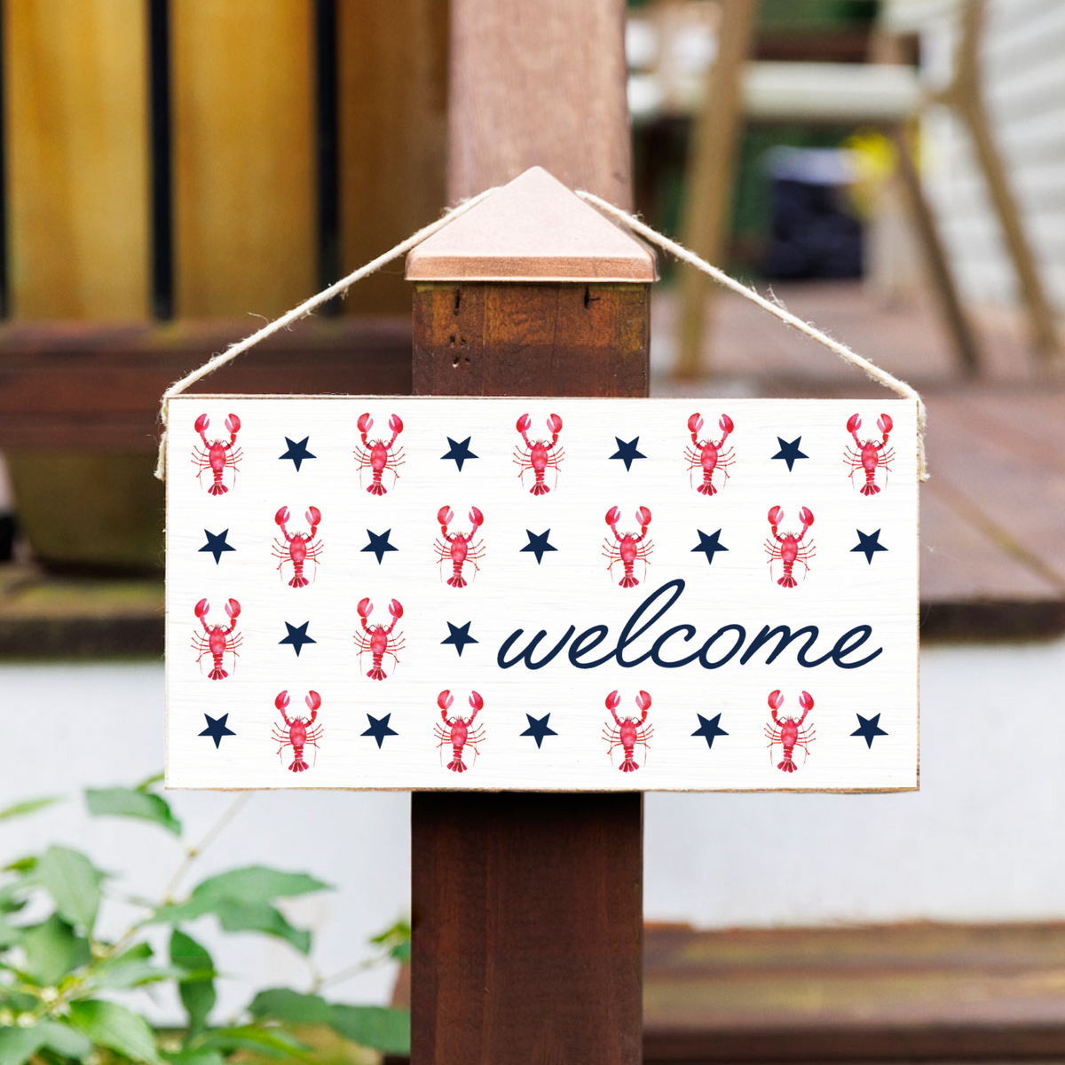 Welcome Red White and Blue Patriotic Lobster Twine Hanging Sign