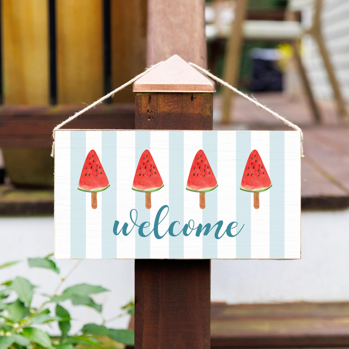 Welcome Popsicle Stripes Twine Hanging Sign