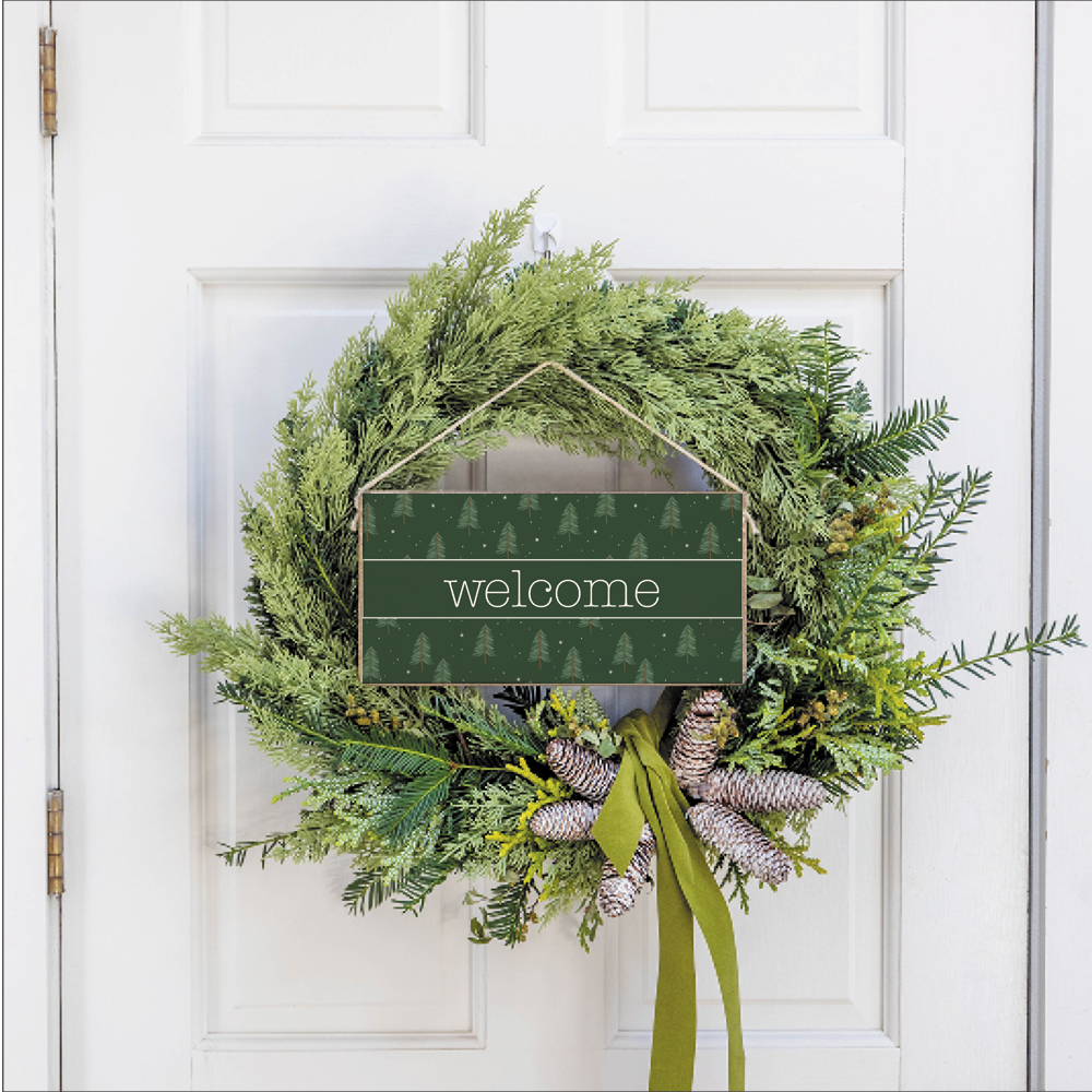 Evergreen Christmas Tree Welcome Twine Hanging Sign