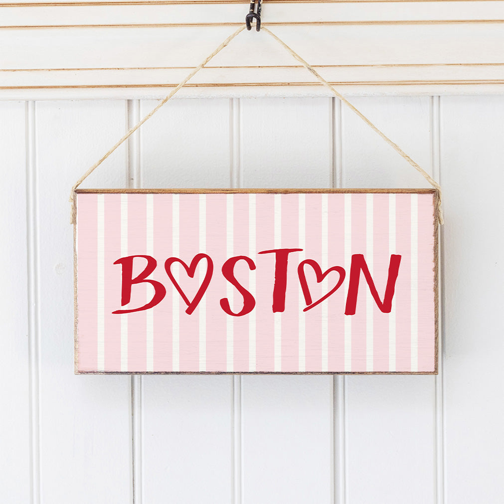 Boston Pink Striped Skyline Twine Hanging Sign