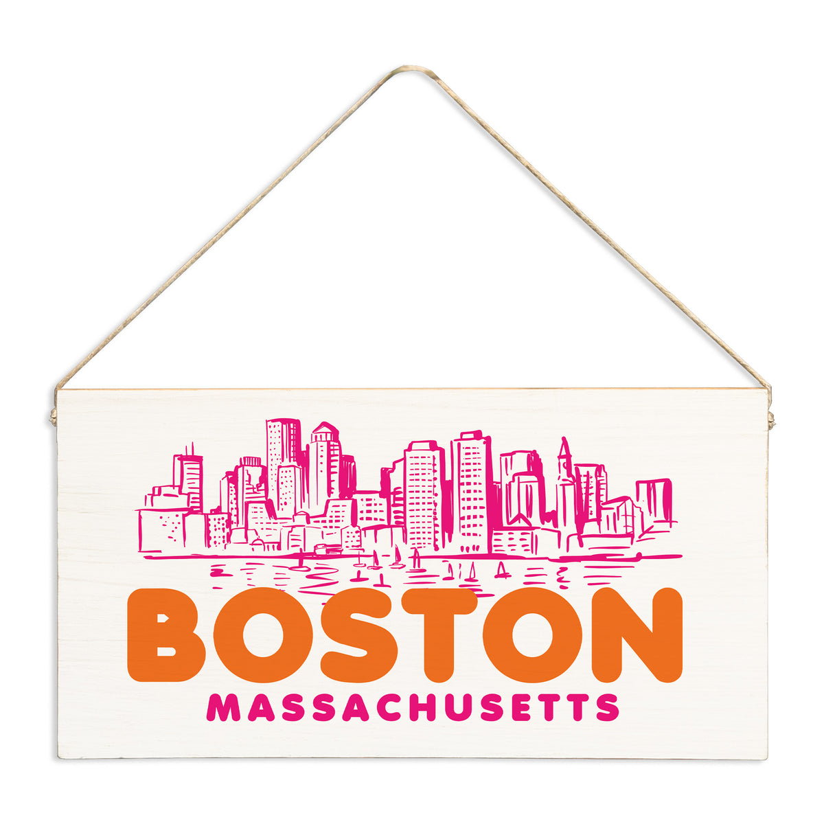 Boston MA Orange and Pink Skyline Twine Sign