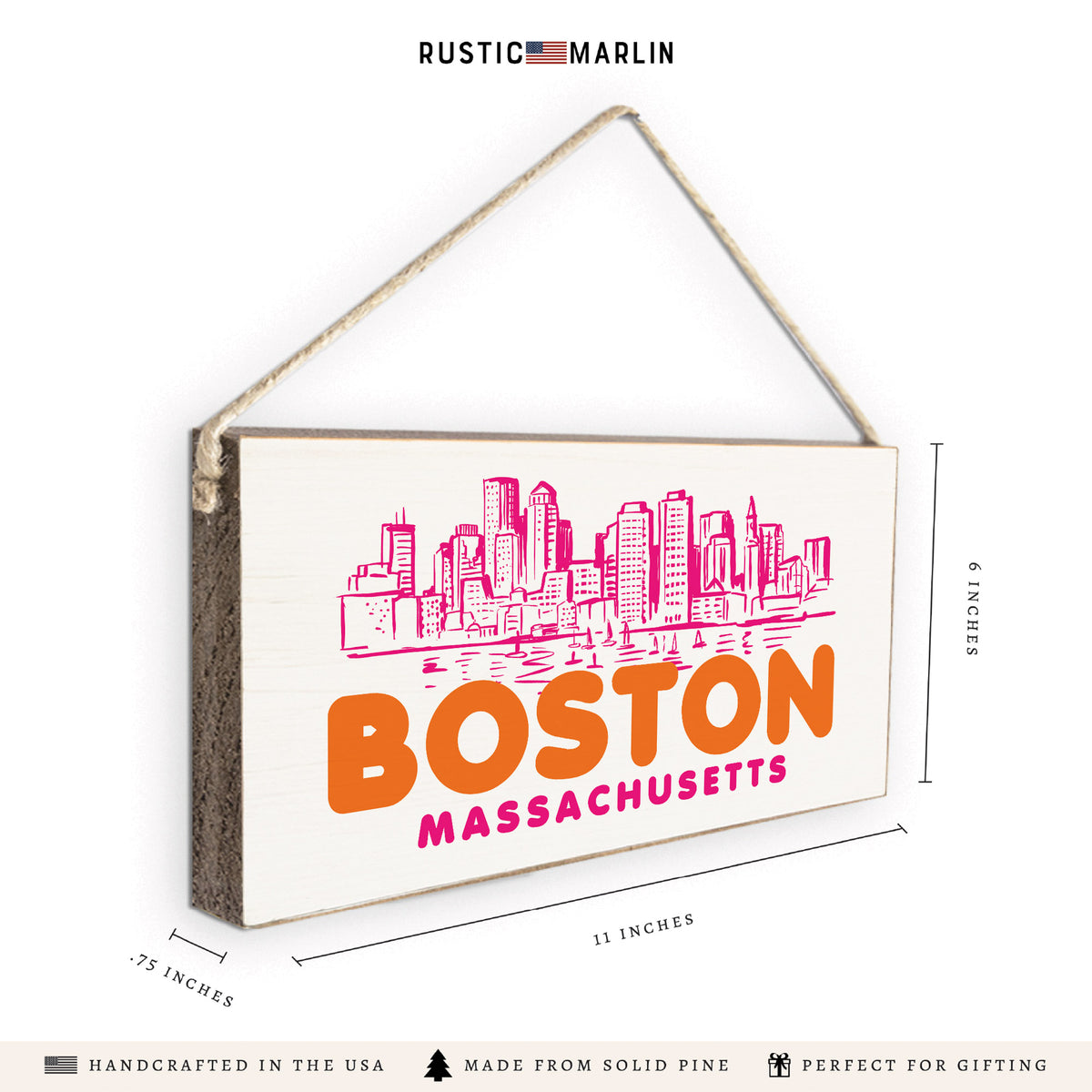 Boston MA Orange and Pink Skyline Twine Sign