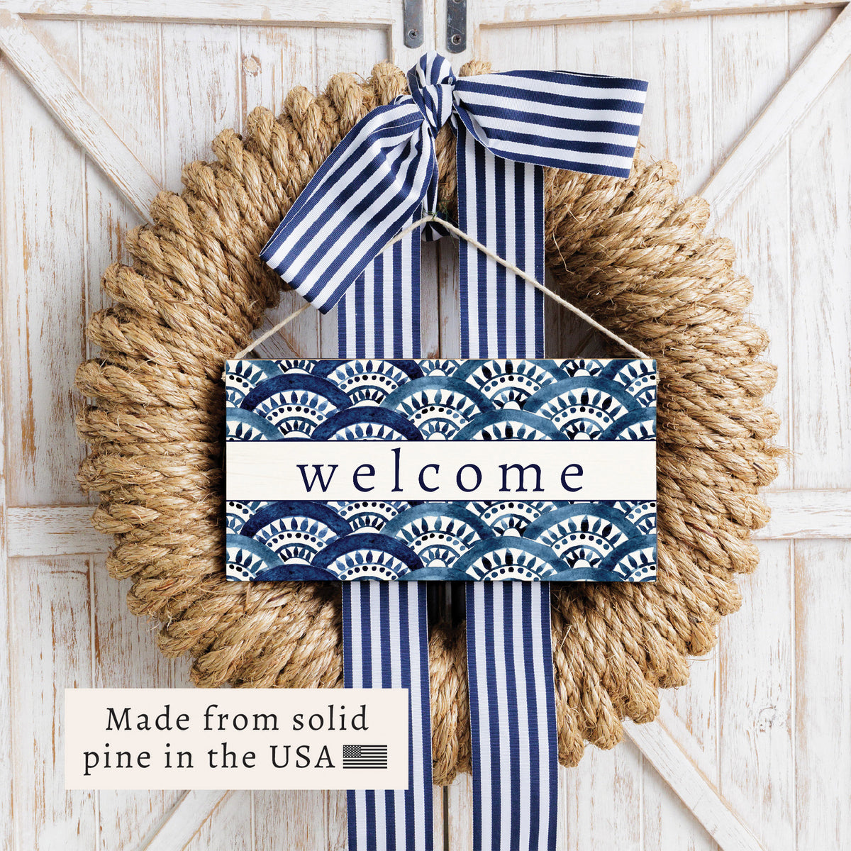 Boho Blue Fan Welcome Twine Sign