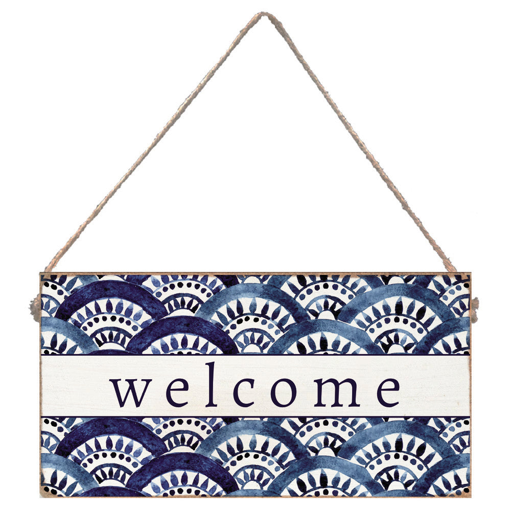 Boho Blue Fan Welcome Twine Sign