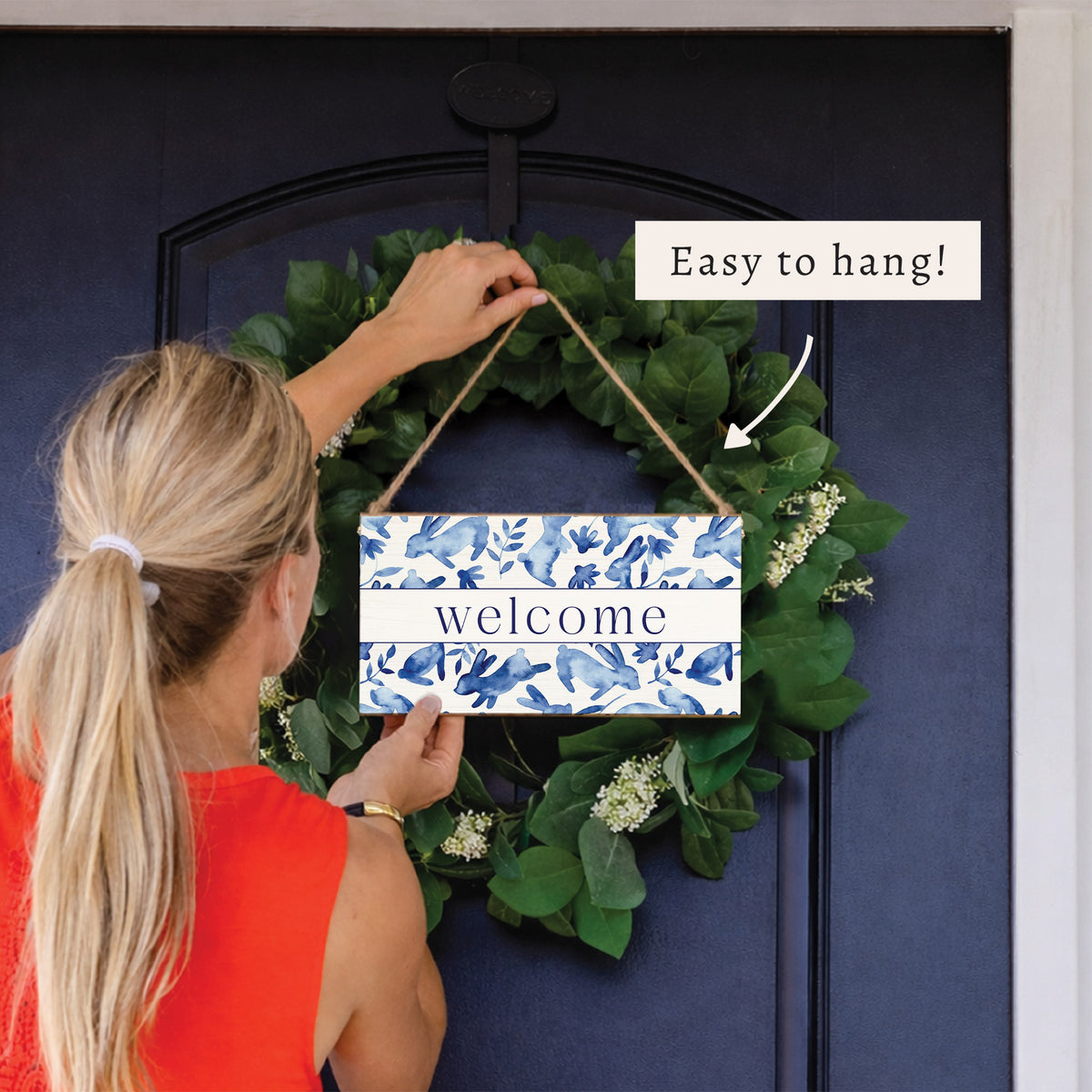 Bunnies Blue Welcome Twine Sign