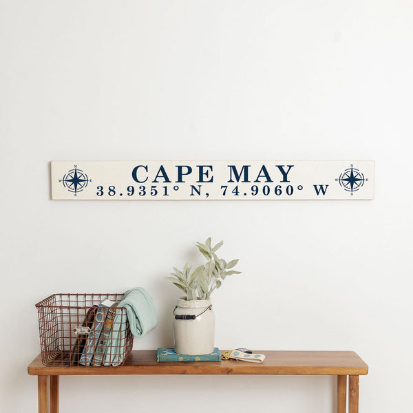Compass Coordinates White and Navy Personalized Barn Wood Sign
