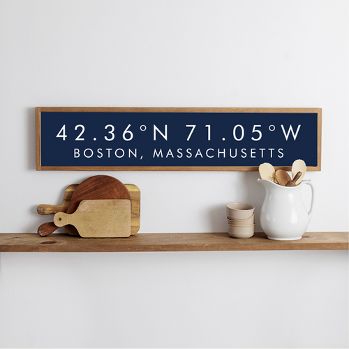Modern Navy Coordinates Personalized Barn Wood Sign