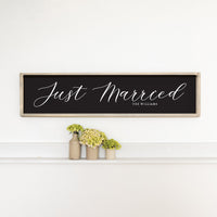 Just Married Black Script Personalized Barn Wood Sign