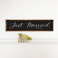 Just Married Black Script Personalized Barn Wood Sign