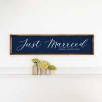 Just Married Navy Script Personalized Barn Wood Sign