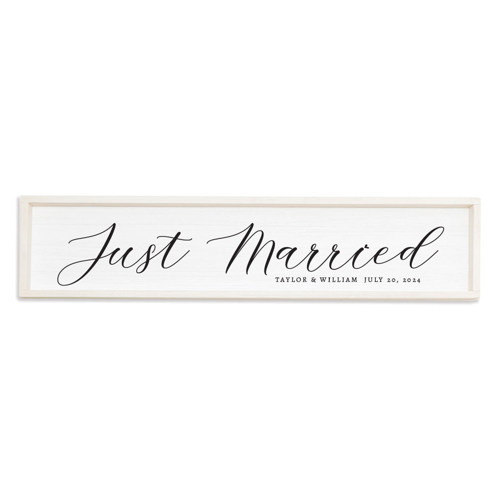 Just Married White Script Personalized Barn Wood Sign