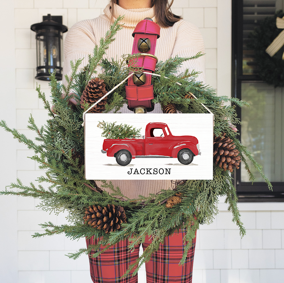 Personalized Christmas Tree Truck Twine Hanging Sign